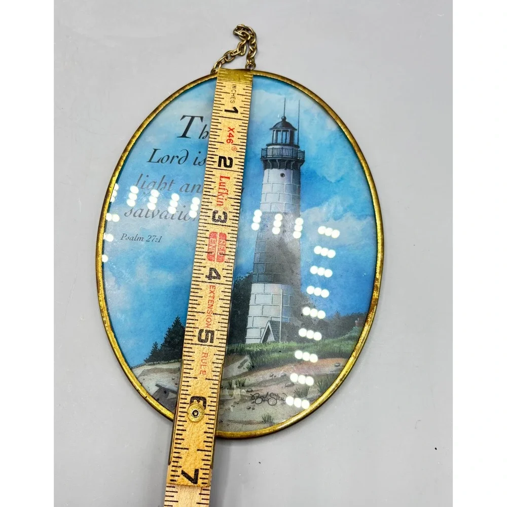 Lighthouse Art Glass‎ Sun Catcher Framed Hanging Oval Psalm 27:1 Print